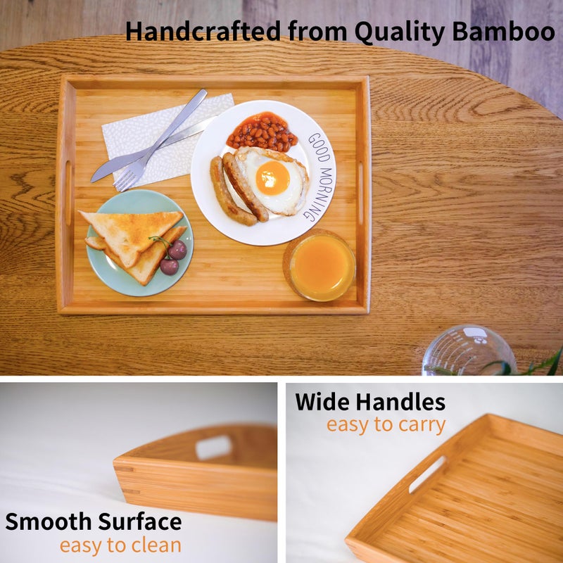 Joy&Grace Bamboo Serving Tray with Handles, Dinner Food Tray for Bed Breakfast Eating and Serving, for Coffee Table Ottoman TV, Decorative Wood Large Charcuterie Platter 16.8 x 12.5 inch 1 Pack - Image 4